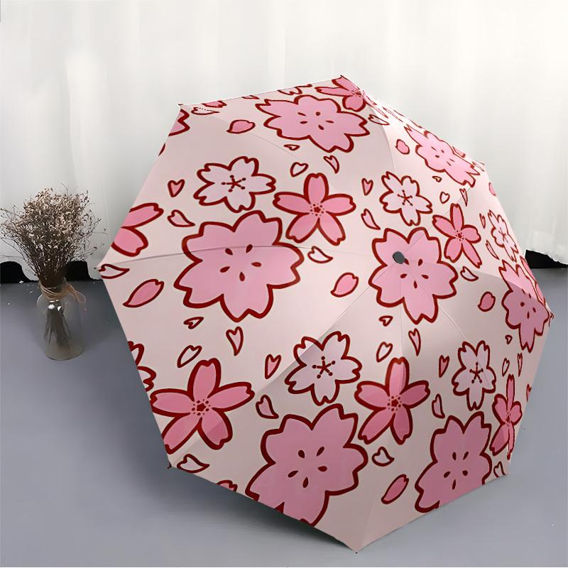1pc Cherry Blossom Pattern Automatic Umbrella - Stylish, Durable, with 8-Rib Manual Open Design, Elegant Black Handleyy250920132