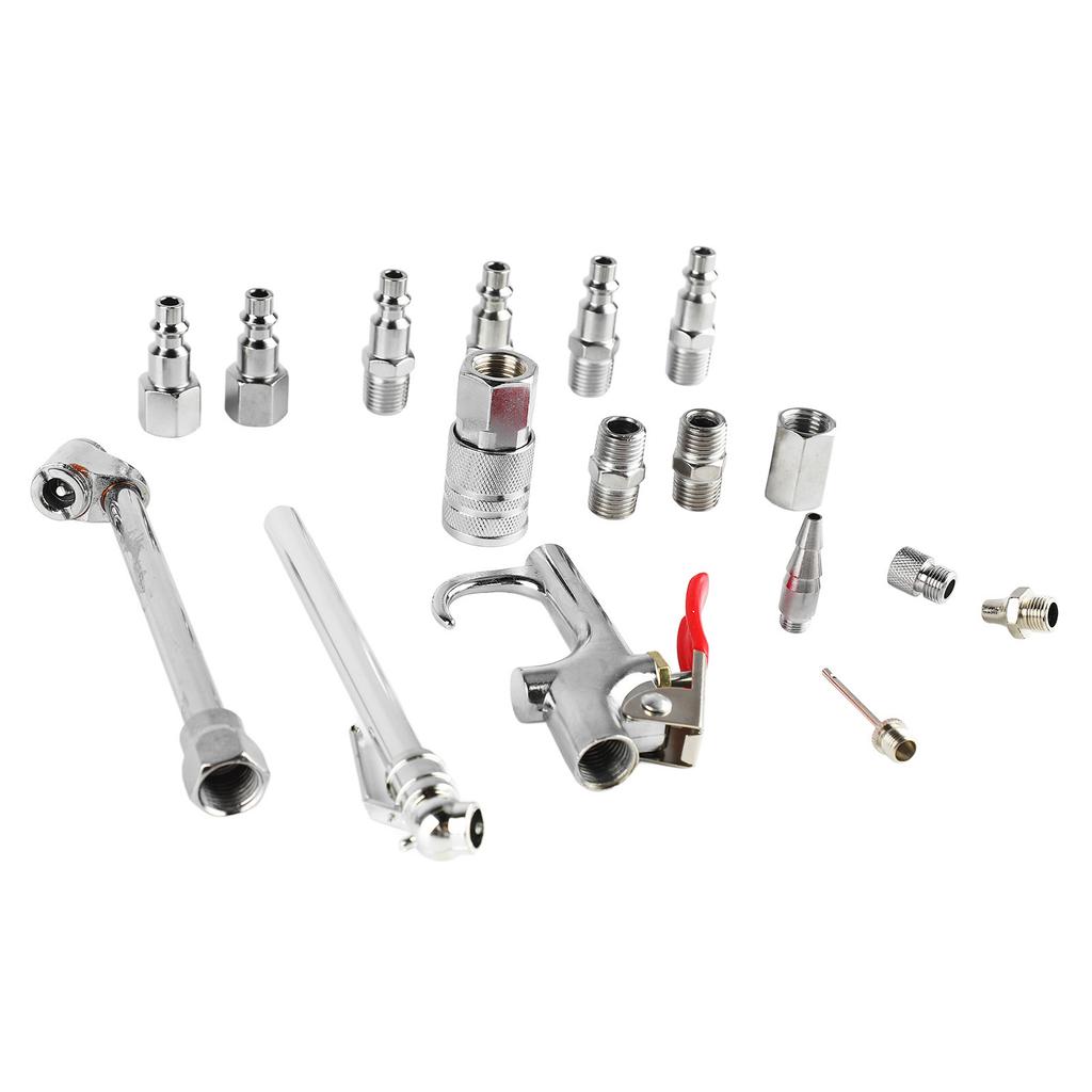 17-teiliges Druckluftblaspistolen-Zubehörset 14NPT Kupplungsstecker Doppel-Fuß-Spannfutter Blaspistole Reifendruckmesser