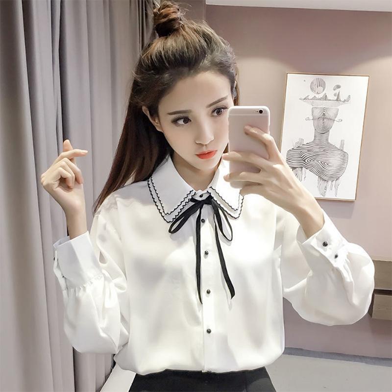 Loose All-match Solid Color Student Bow Chiffon White Shirt Ladies Long-sleeved Bottoming Shirt Commuting