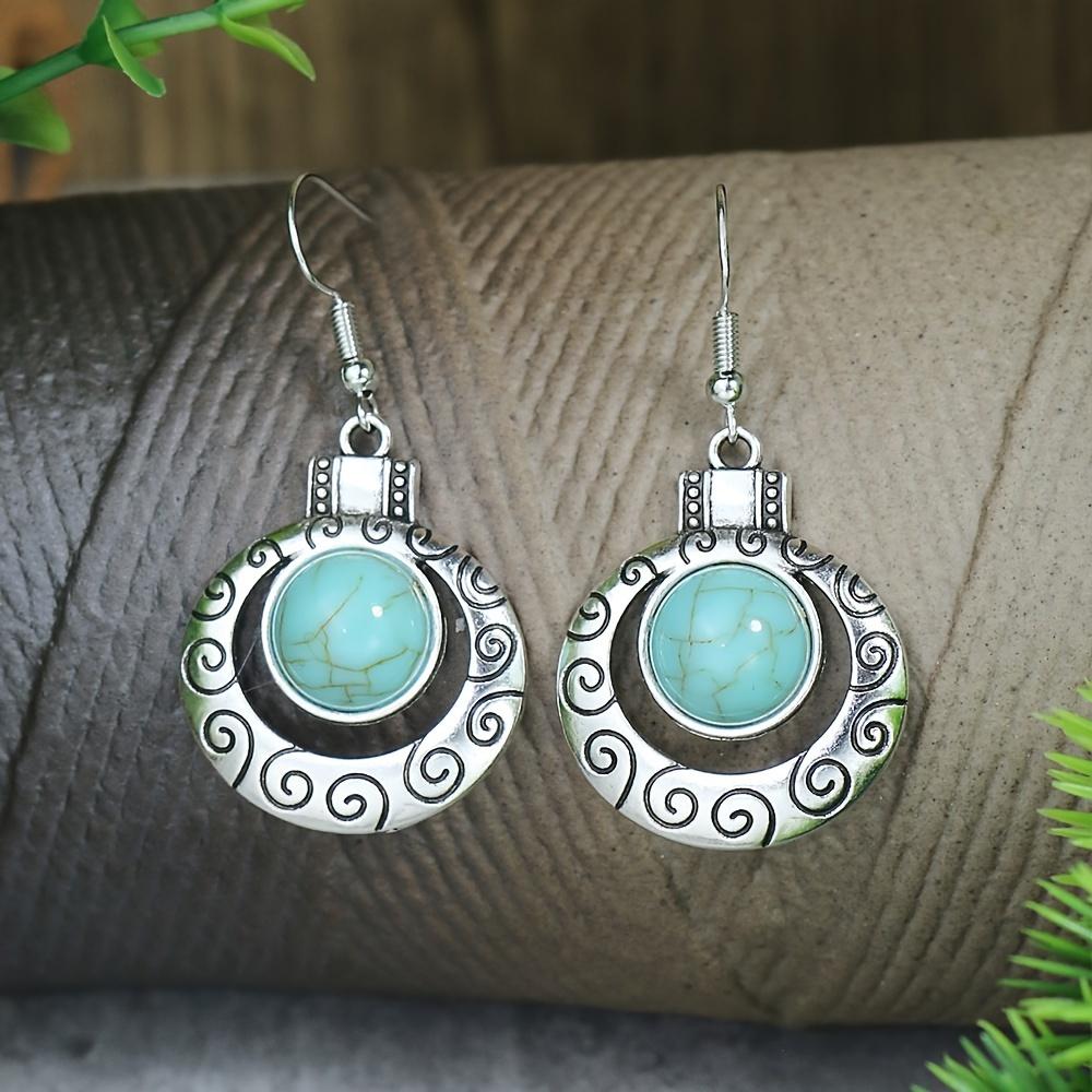 Vintage Jewelry Set with Engraved Patterns On the Metal Surface, Inlaid with Synthetic Turquoise, Suitable for Daily Wear and Party Accessories for