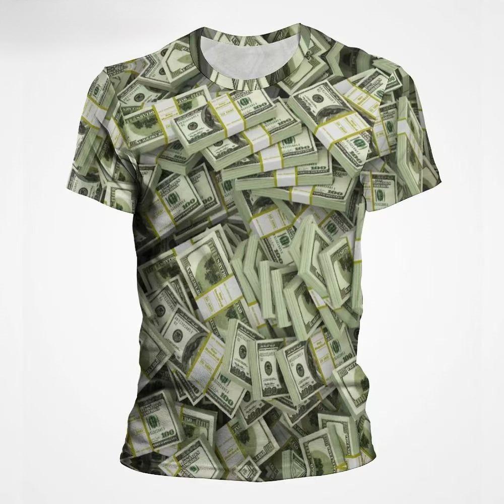 Summer Men's Round Neck Short Sleeved T-shirt Comfortable Fashionable Breathable Sweat Absorbing Money Pattern 3D Printed Loose Large T-shirt