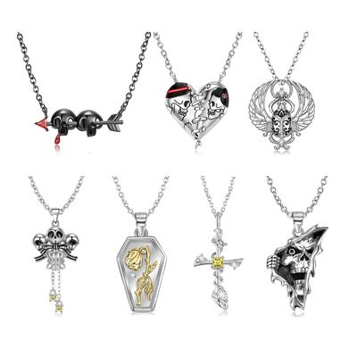 Skull Couple Lovers Heart Shape Pendant for Necklace Real 925 Silver Pendant Enamel Necklaces Jewelry for Women Accessory Fine Beetle Rose Pattern