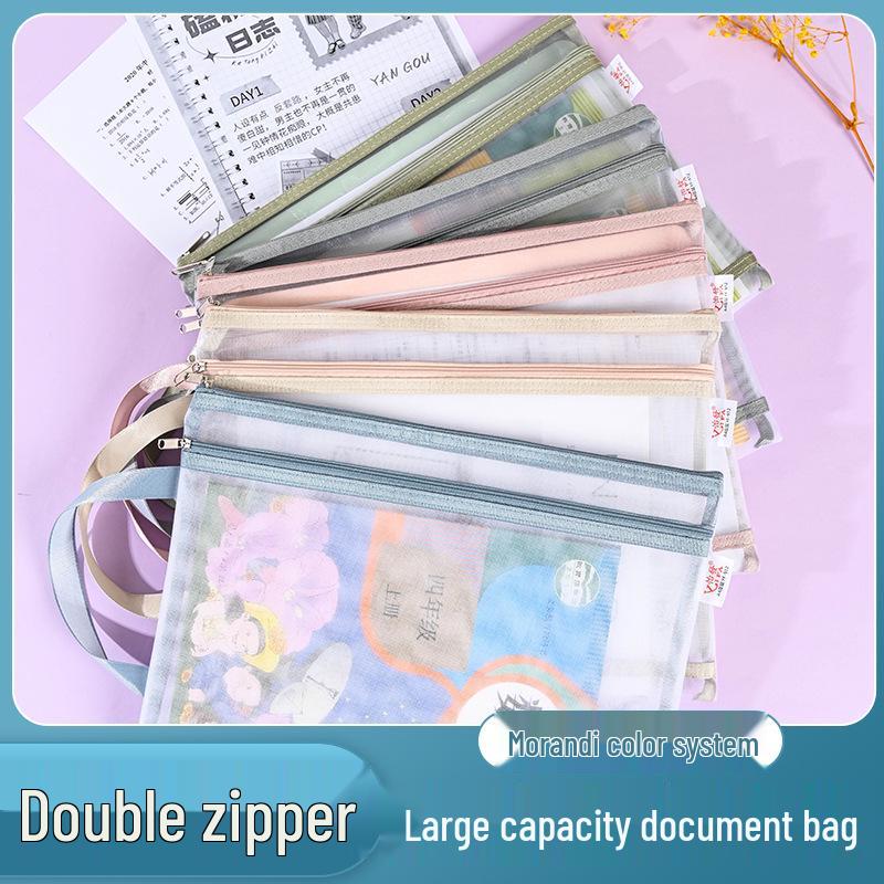 Morandi Mesh Storage Set: A4 File Bag, A5 Document Bag, A6 Pencil Case, Logo Printable