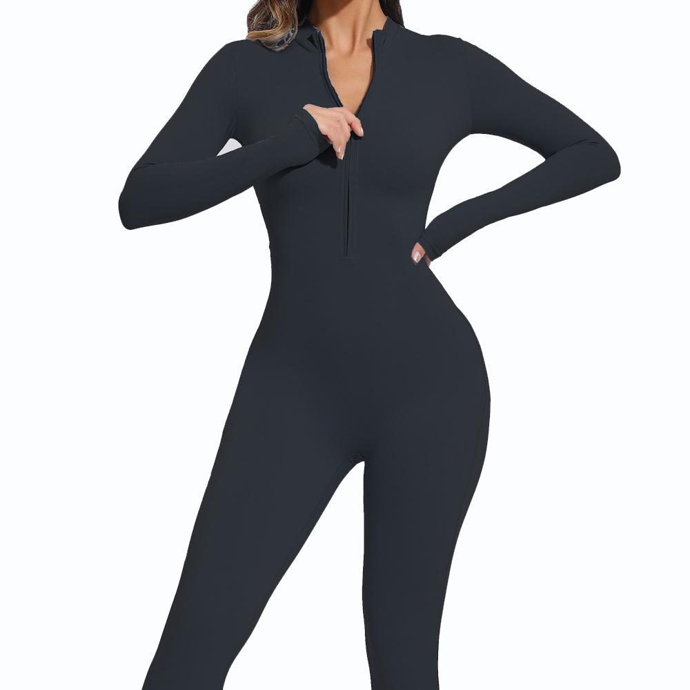 Women's Euro-American Zip Long Sleeve Yoga Set: High-Intensity Dance & Fitness Jumpsuit