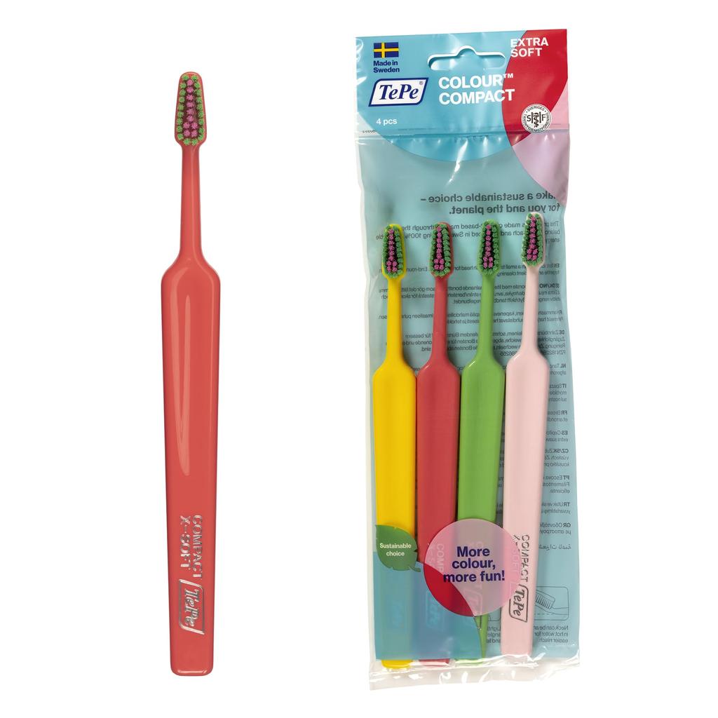 TePe Select Color Compact Extra Toothbrush, Soft, 4-Pack (Authentic Product)