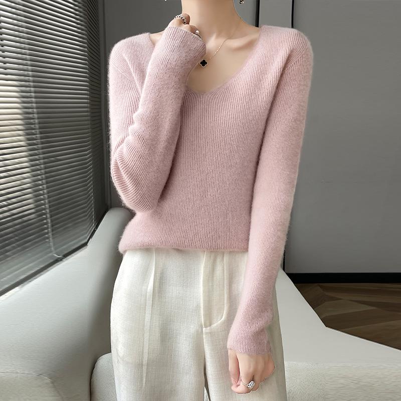 Women's Seamless All-Wool V-Neck Sweater - Slim Fit, Autumn/Winter Cashmere Knitwear