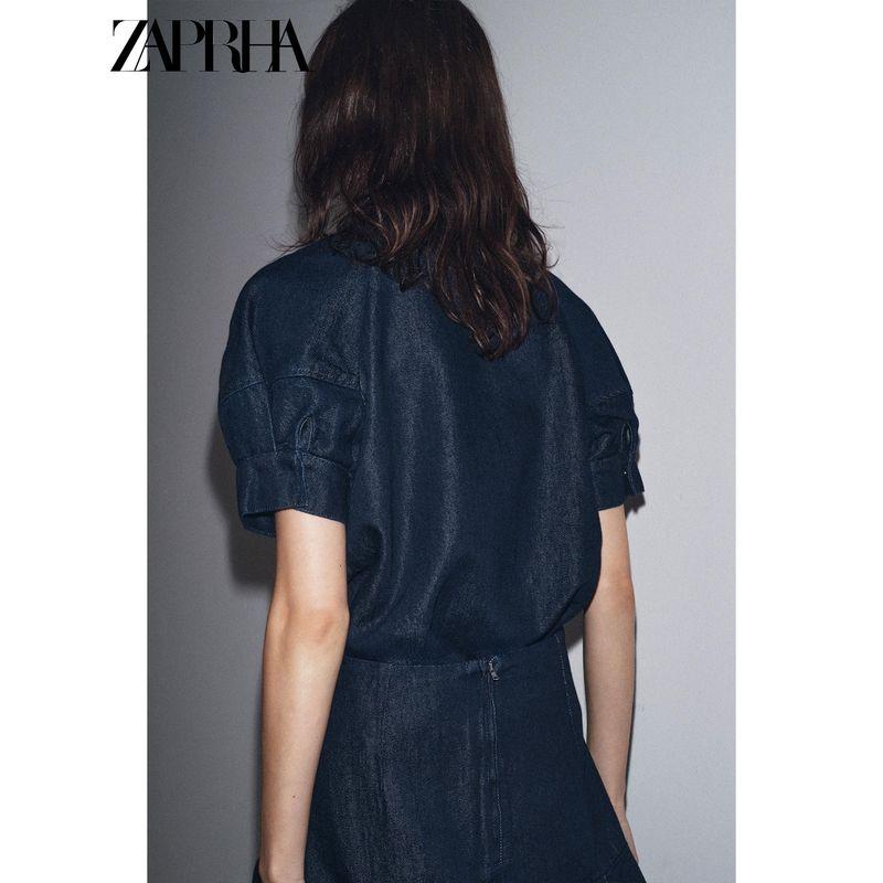 Zaprha 2025 Autumn New Bowknot Decoration Puff sleeve round Neck Short sleeve Demin shirt Top 5216249