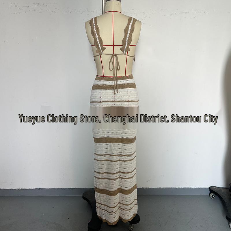 Striped European & American Fashion Vacation Beach Bikini Long Dress Set