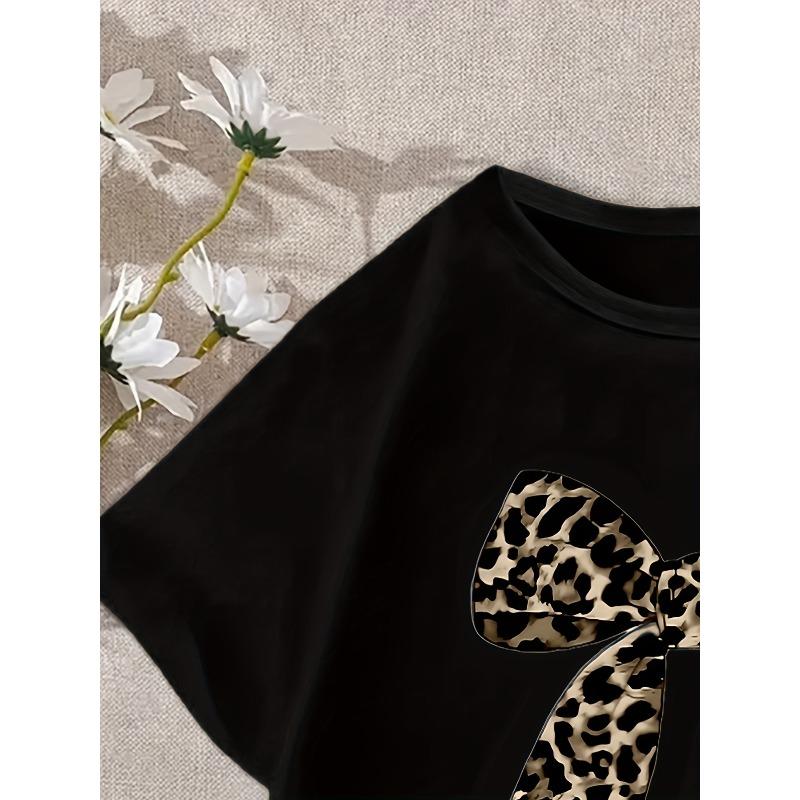 Children Crew Neck Short Sleeve T-Shirt with Leopard Print Bow Print