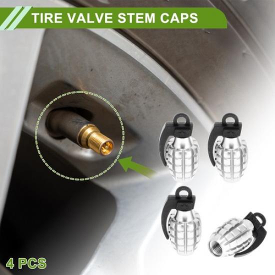 Tire Valve Stem Cap Grenade Shape Tyre Valve Dust Cover Silver Tone for Car 4Pcs