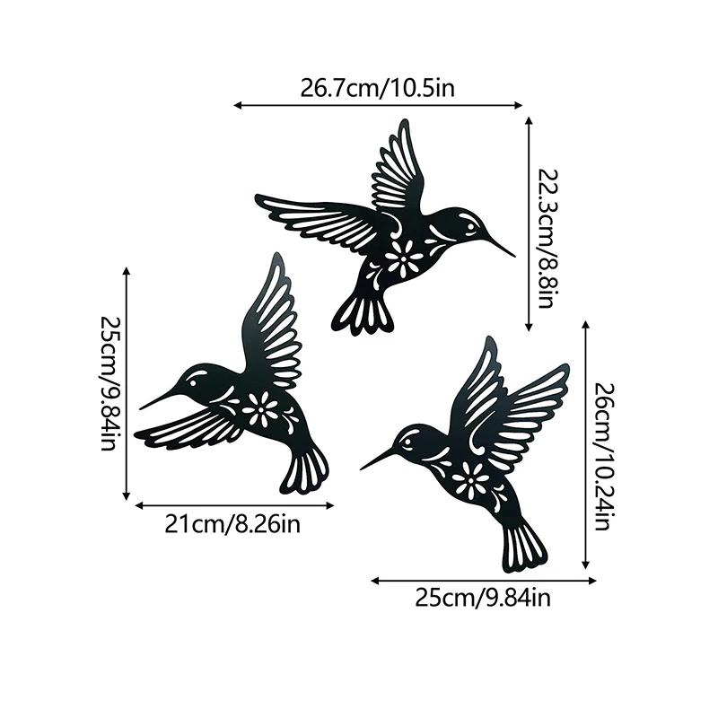 DDPNKL 3Pcs/Set Black Metal Hummingbird Wall Decor Hollow Out Iron Art Bird Sculpture Ornament Waterproof Hanging Figurines