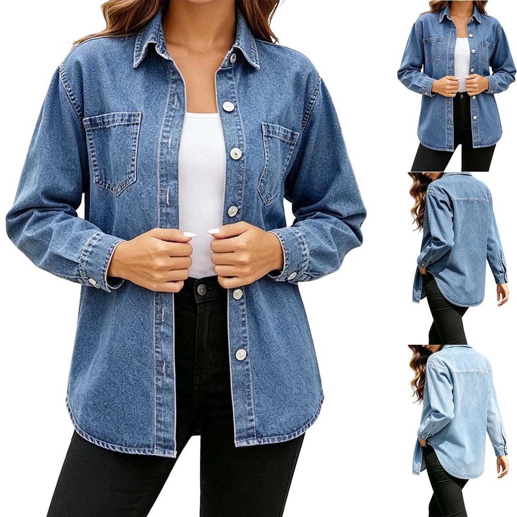 Women's Casual Loose Fit Long Sleeve Denim Shirt Jacket with Buttons