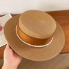 Women Sun Hat Breathable Wide Brim Flat Top French Style Straw Woven Hat with Ribbon Faux Pearls Decoration Summer Outdoor Hat