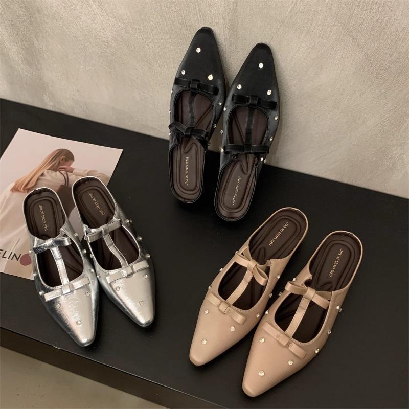 Fashion Gentle Fairy Half Slippers 2025 New Spring Elegance High Quality Casual and Comfortable Bow Pointy Square Slippers