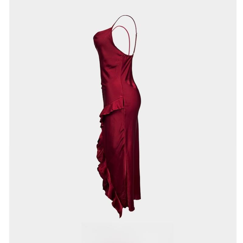 Women's Solid Color High Slit Nightgown Ruffle Trim Sexy Sleeveless Camisole Loungewear 635 Chic Versatile Sleepwear That Can Be Worn as a Mini Dress