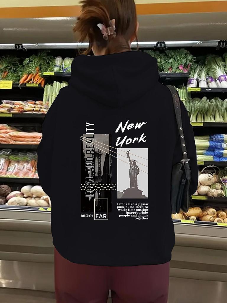 Women's European & American Fleece-lined New York Hooded Sweatshirt with Kangaroo Pocket, Long Sleeves for Autumn/Winter