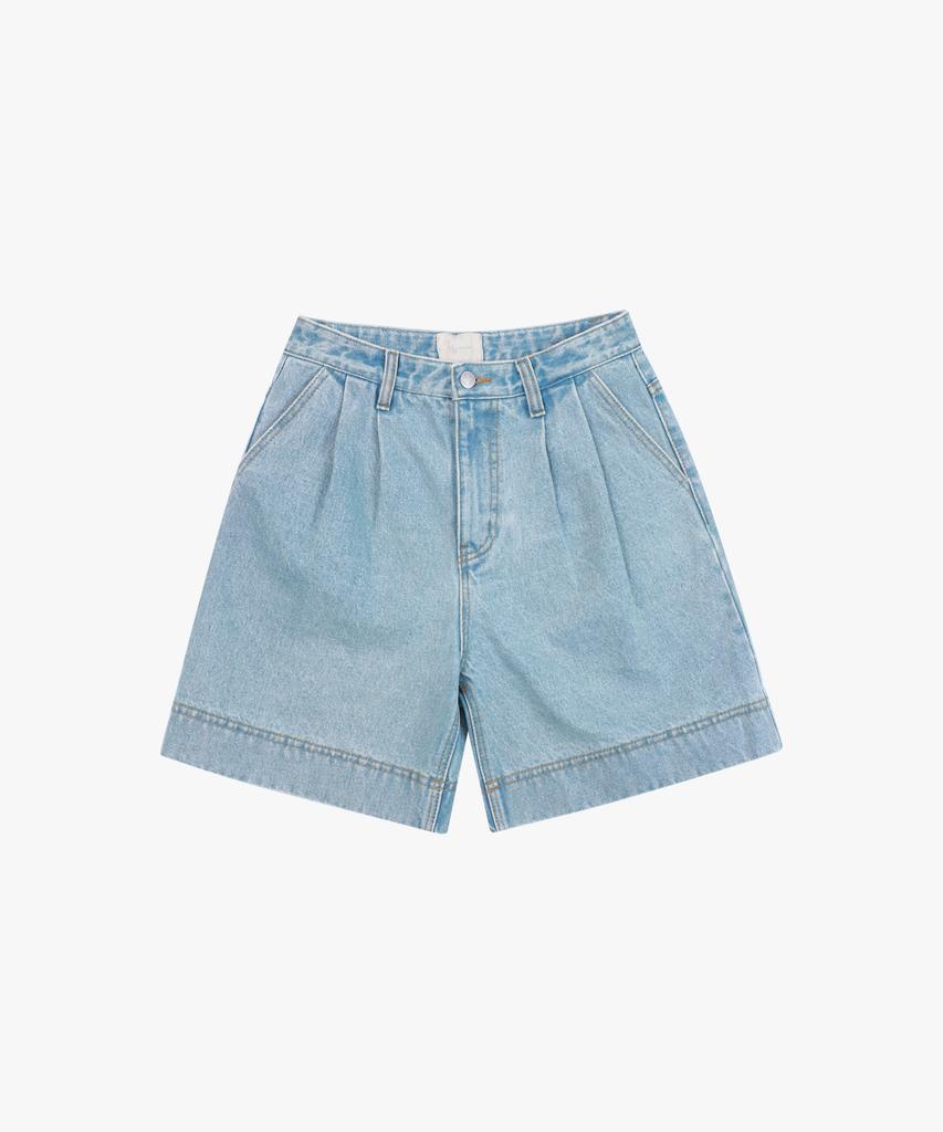 LOSSYROW Two-Tuck Wide Denim Shorts Light Blue