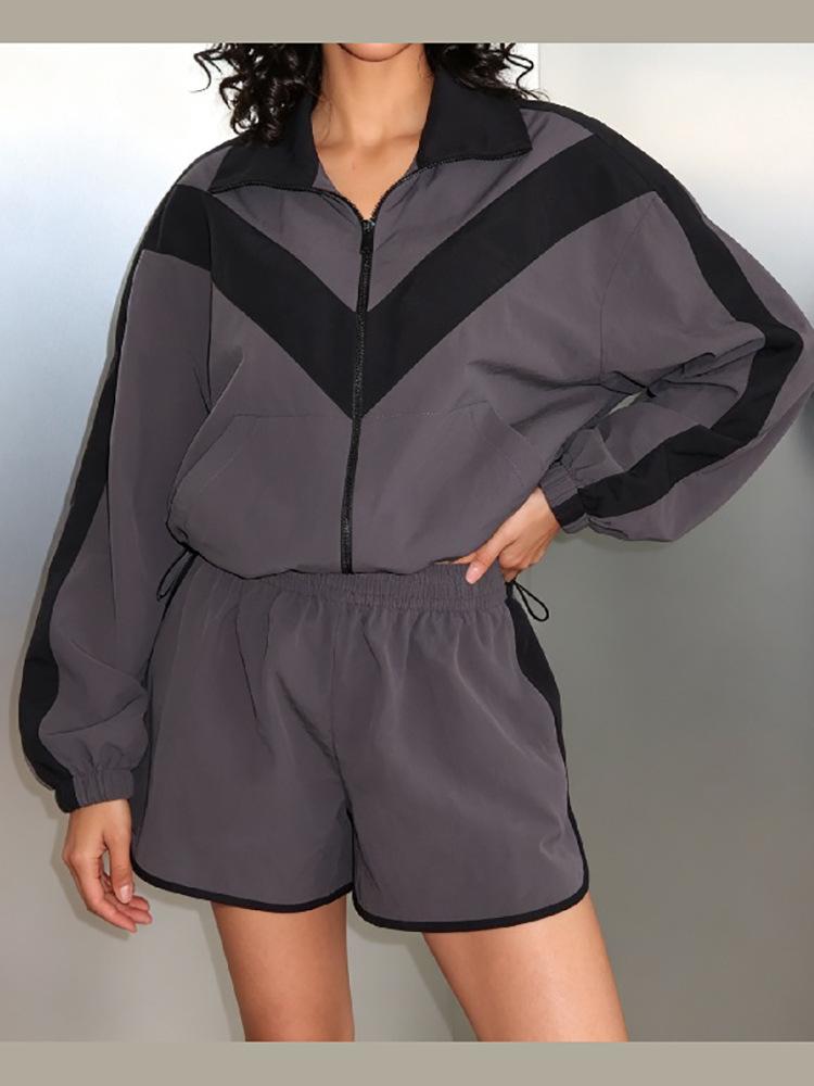 Women's Two Piece Tracksuit Color Block Striped Zip Hoodie and Shorts Set Casual Loungewear
