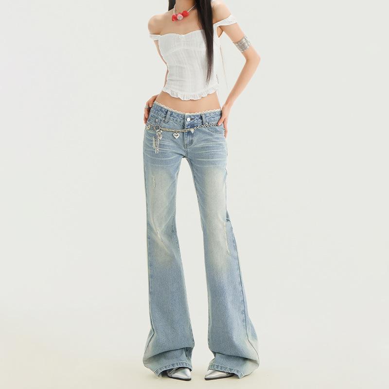 

Женские летние джинсы клеш 2025 года светлого цвета с эластичной кружевной отделкой Extra Small