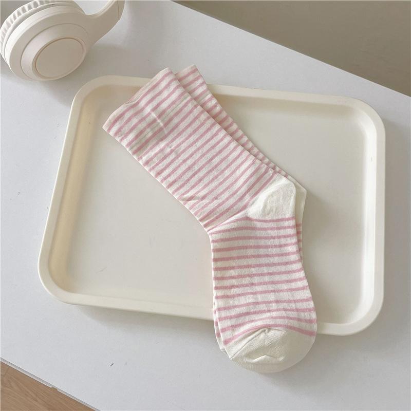 

Носки в полоску для девочек в корейском стиле, средние носки, хлопковые, тонкие, дышащие, повседневные носки для школьниц, весна-лето one size розовый