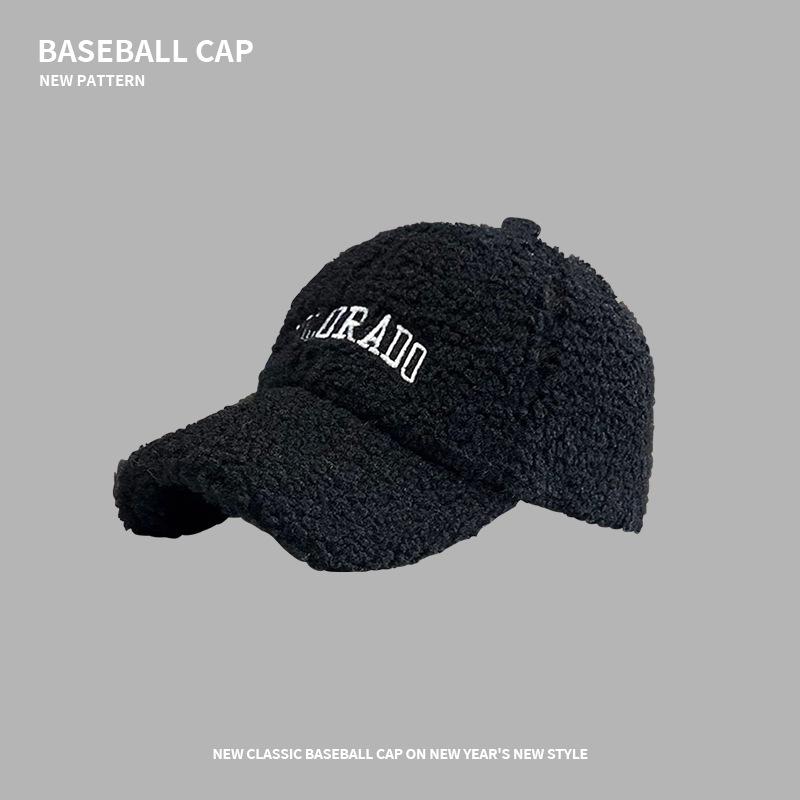 Lamb Plush Baseball Cap Women's Autumn and Winter Tide Wide Brim Versatile Windproof Warm Letter Embroidered Cap
