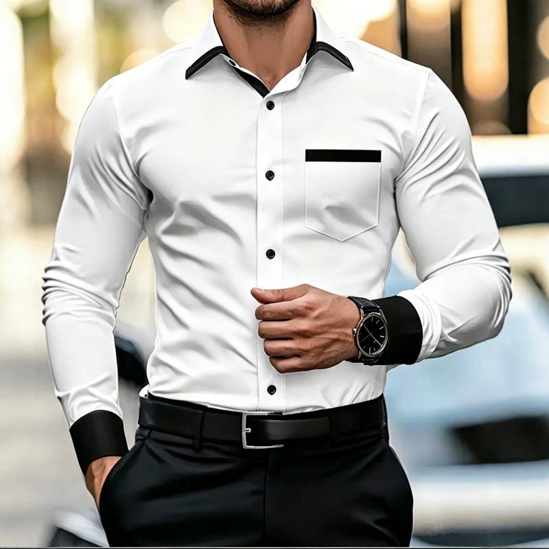 Men's Wrinkle Free Long Sleeve Shirt, Stretch Slim Fit Contrast Collar Luxury Commute Business Casual Shirt for Young Men