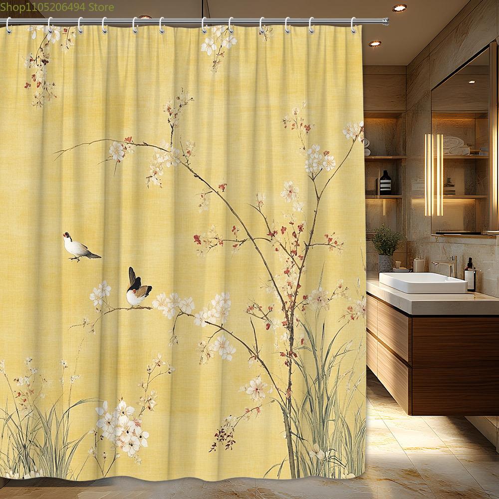 1pc Japanese Ukiyo-e Birds and Blossoms Shower Curtain - Ethereal Tranquil Scene with Small Birds and Flowering Branches, Poly
