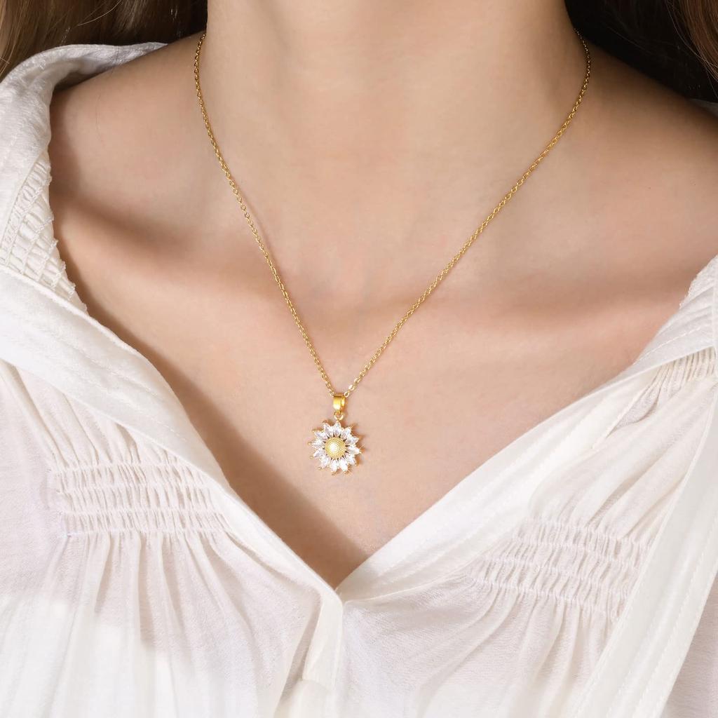 Necklace for Flower Stainless Sun Flower Day Gift [Rockyu] Women, Gold, Necklace, Steel, Hypoallergenic, Pendant, Flower, Zirconia, Mother's