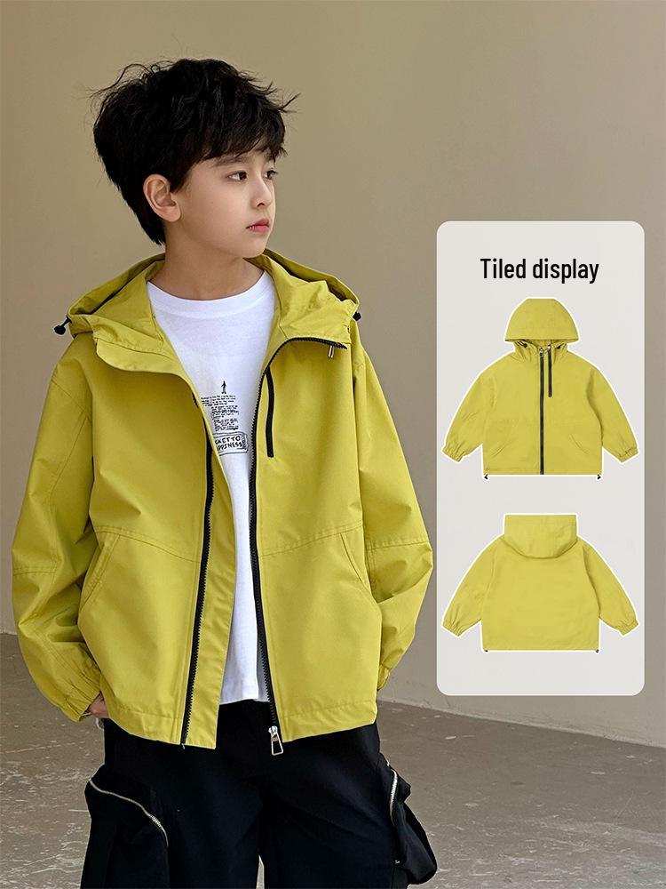 Kids' 2026 Spring Boys' Trendy Korean-Style Zipper Hooded Windbreaker Jacket for Mountaineering