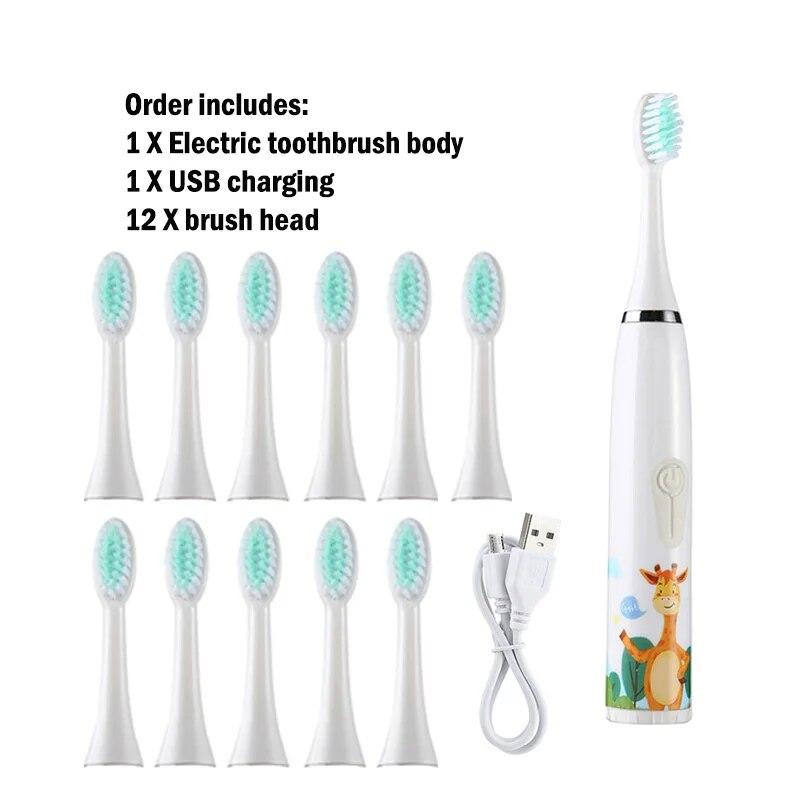 Children's Electric Toothbrush Colorful Cartoon With Replacement Heads Ultrasonic Rechargeable Soft Hair Cleaning Brush For Kids