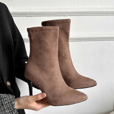 Sexy Wildleder Damen Chelsea Boots Hohe Absätze Mittlere Wade Spitzschuhe 2024 Mode Neu Goth Stiefel Pumps Winter Trend Damenschuhe