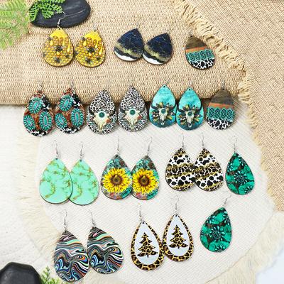 Boho Western Style Earrings Waterdrop-shape Cow Head/Bee/Sunflower/Pattern Design Leopard Print Lightweight Unisex
