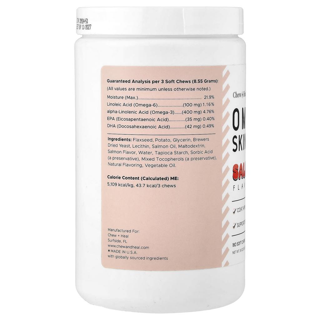 Chew + Heal, Omega Skin + Coat, For Dogs & Cats, Salmon, Soft Chews 180, 513G (18Oz)