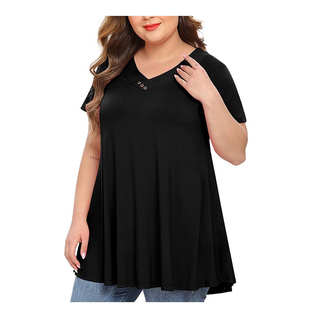 Large Size Women V-neck Button Short-Sleeved Color Loose Pullover T-shirt