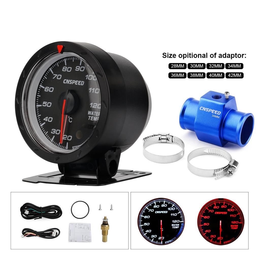 CNSPEED New 60MM Car Water Temperature Gauge 20-120℃ Celsius Water Temp Meter With Water Temp Joint Pipe Sensor Adapter 1/8NPT