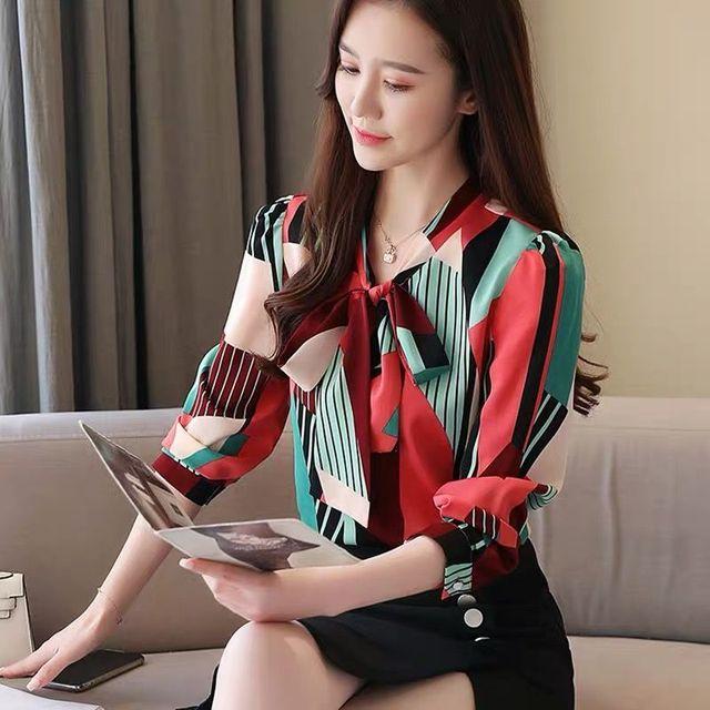 

Весенне-осенняя новая модная шифоновая рубашка с шарфом, воротником и бантом, топ с длинными рукавами, женская корейская свободная рубашка с принтом, S-4XL 2XL красный