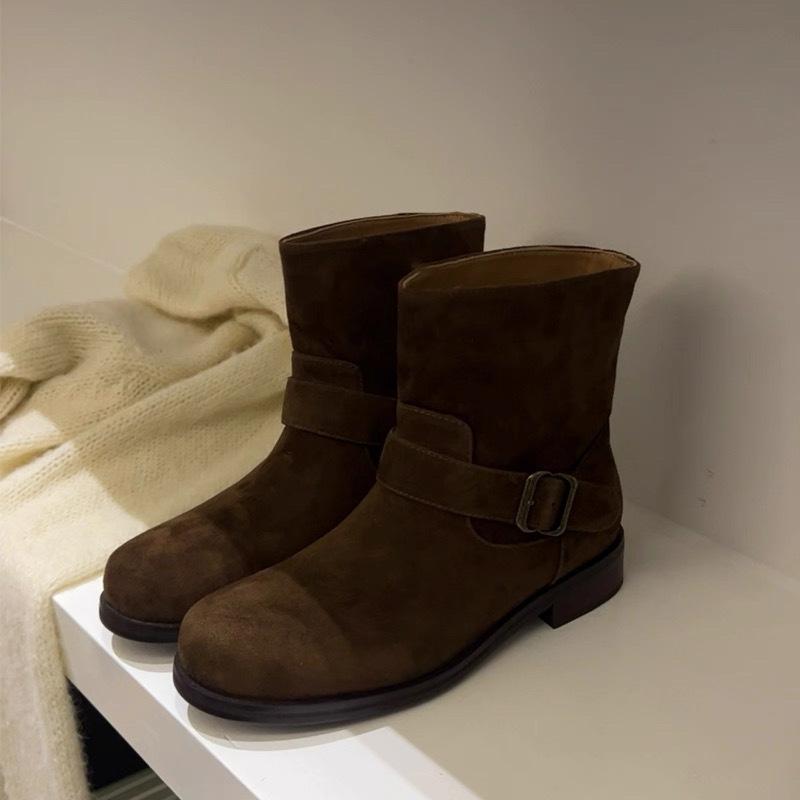 Sheepskin version~ retro suede matte round head thick heel belt buckle short boots women's 2025 western cowboy boots Martin boots