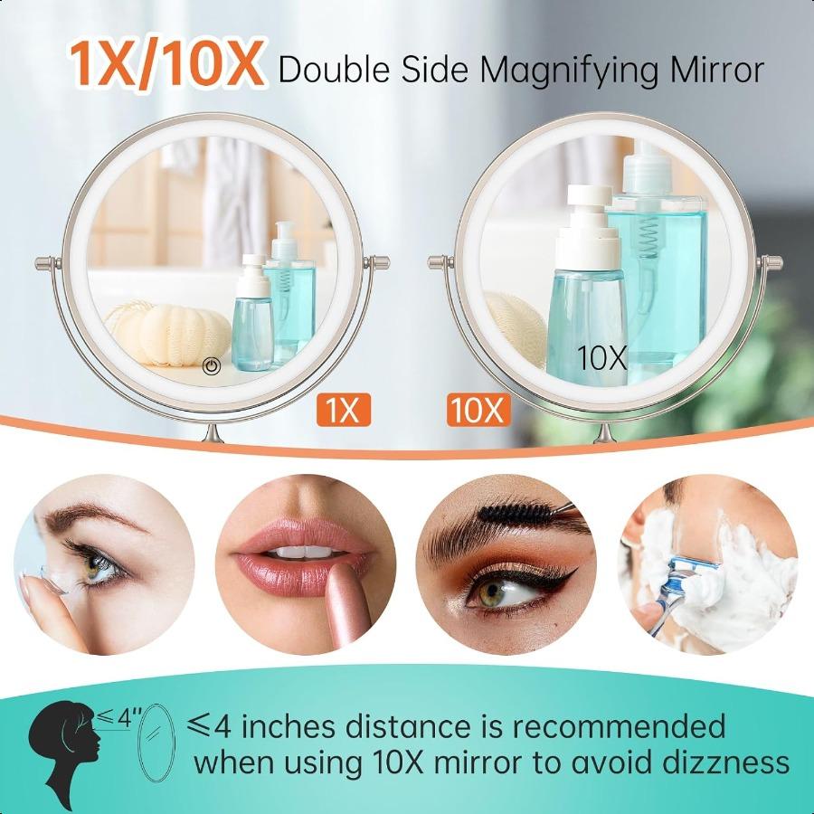 Rechargeable Wall Mounted Lighted Makeup Vanity Mirror 8 Inch Double Sided 1X 10X Magnifying Bathroom Mirror 3 Color Lighting T