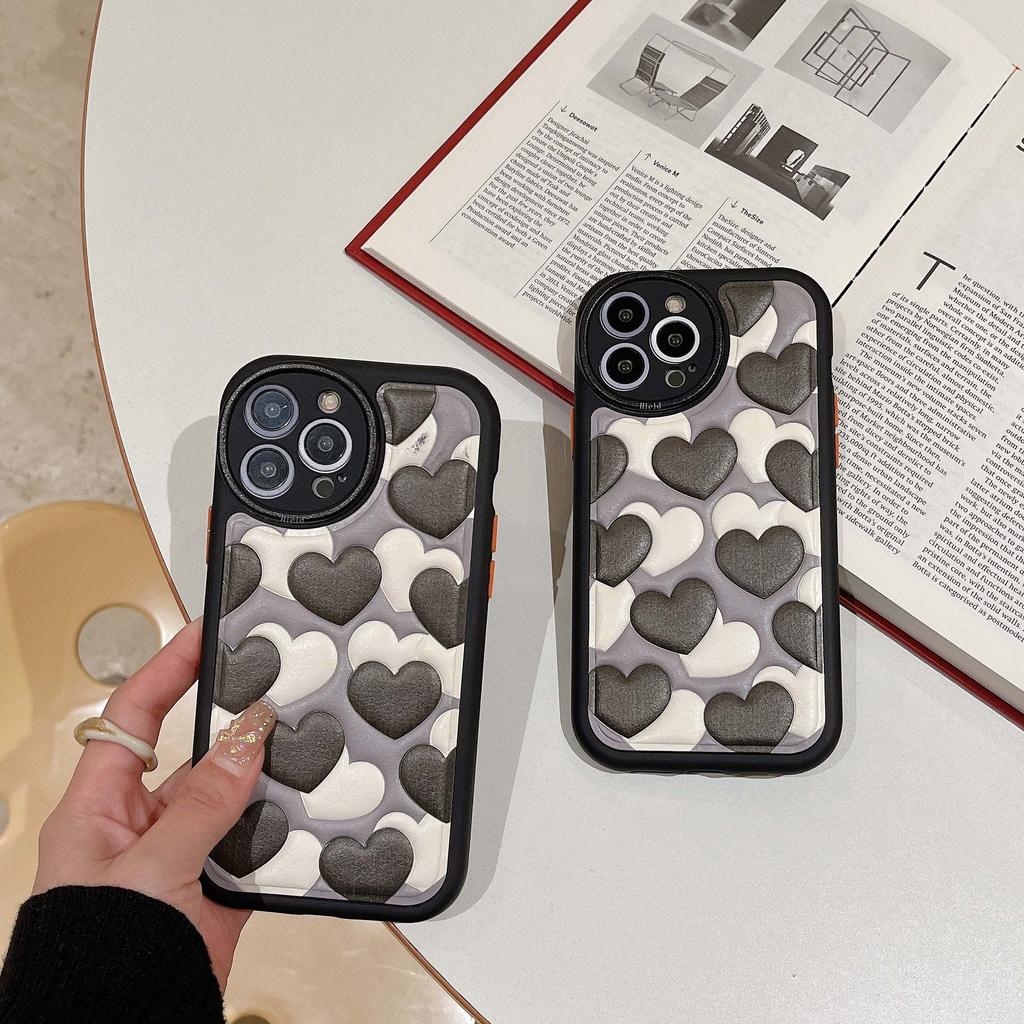 Leather Relif Cartoon Love Black White Heart Ins Shockproof Phone Case For Iphone 13 12 14 Pro Max 11 Promax Back Cover Capa
