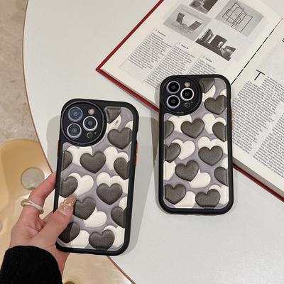 Leather Relif Cartoon Love Black White Heart Ins Shockproof Phone Case For Iphone 13 12 14 Pro Max 11 Promax Back Cover Capa