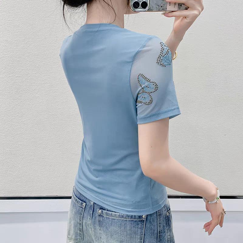 New Slim Mesh Positioning Hot Diamonds Butterfly T-shirt Women's Summer Short Sleeved Tops Sexy Girl Casual Streetwear Tees Clothes