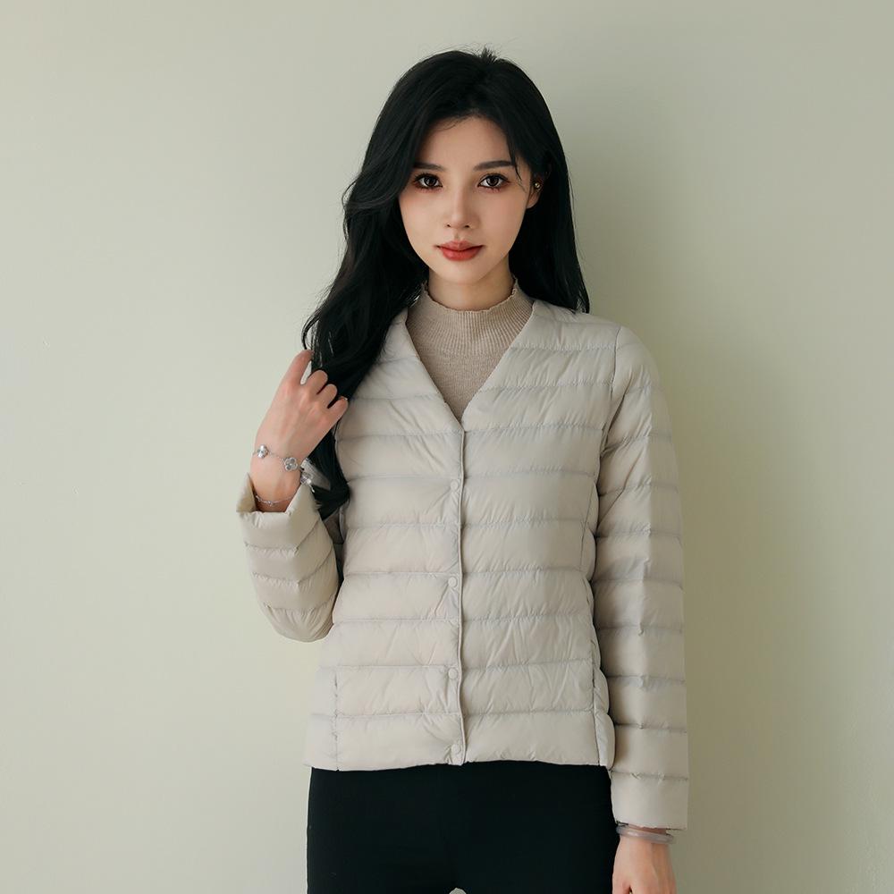 Women's Lightweight Down Jacket - V-Neck, Round Neck, Solid White, Simple Design, Thin & Lightweight Duck Down Coat