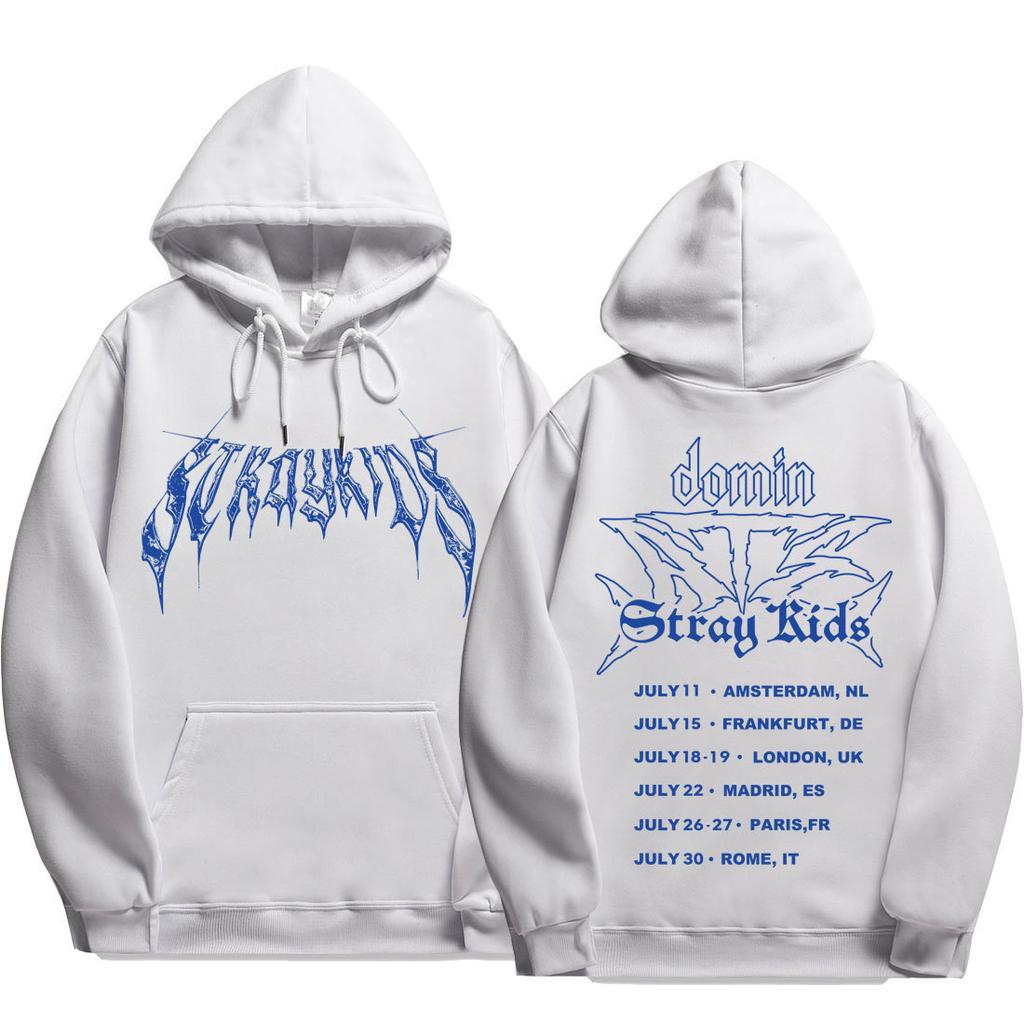 Stray Kids dominATE Europe Tour Blue Death Hoodie, Front Gothic Stray Kids Lettering Wing Graphic Full European Date List Oversized K‑Pop Fan Pullover
