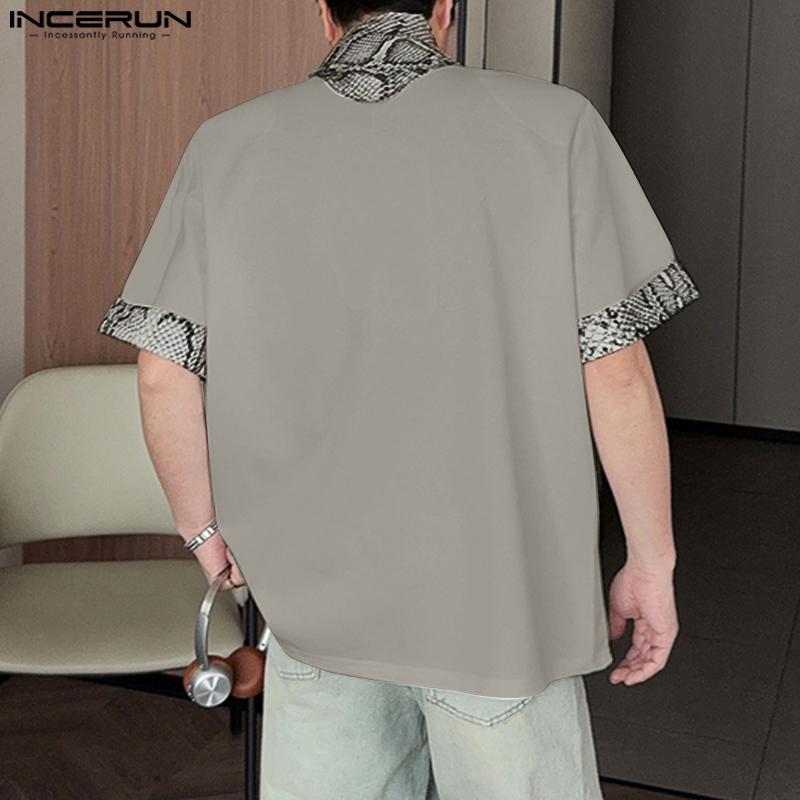 INCERUN Mens Tie Up Short Sleeve Leopard Stitching Casual T-shirts Tops