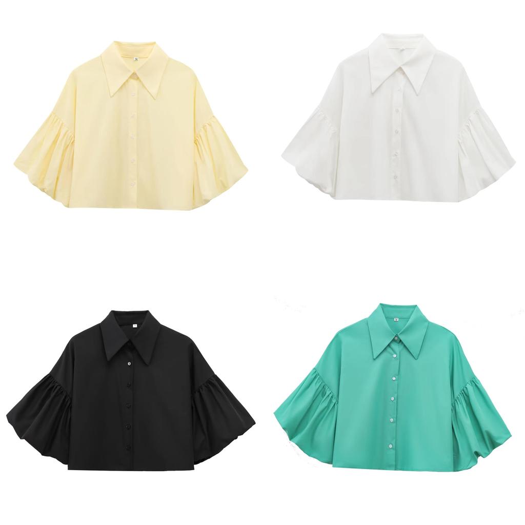 Classic Polyester Blouse With Bubble Sleeves For Women Spring Fashion