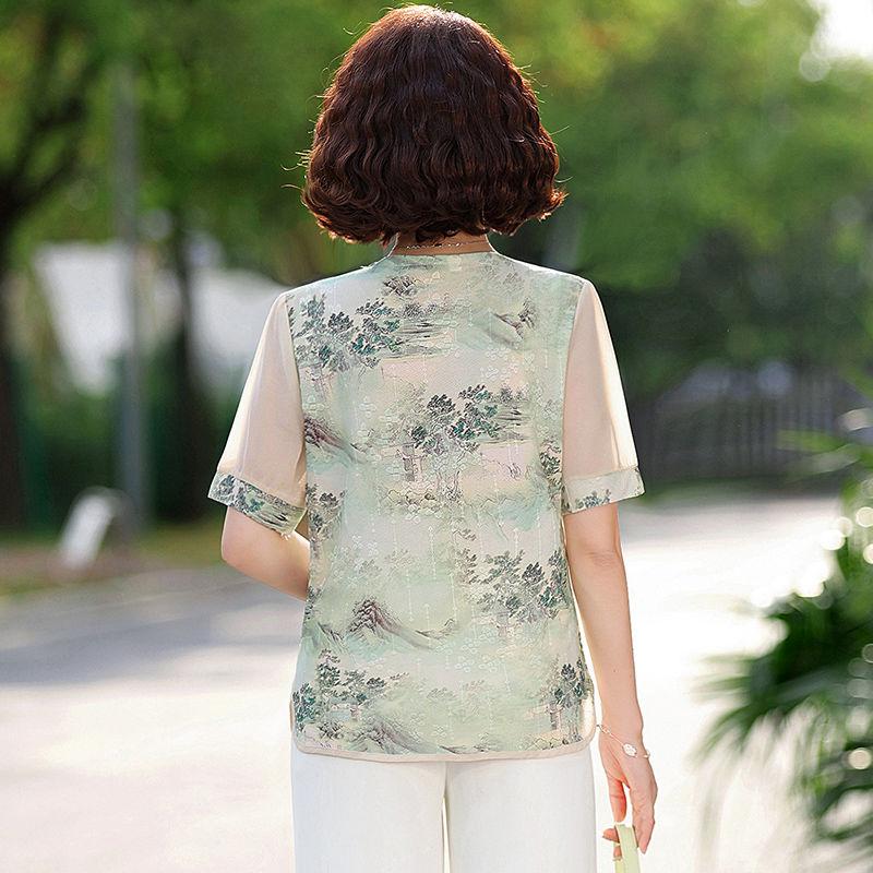 Dámský nový styl sešívaný kulatý výstřih knoflíkový potisk módní volný ležérní všestranný top s krátkým rukávem