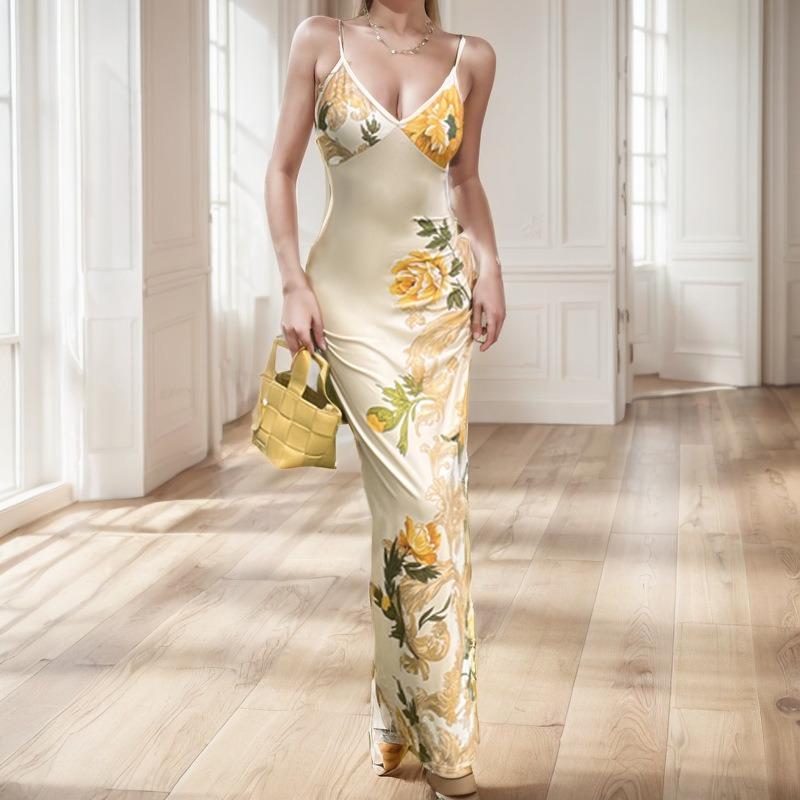 Women Summer Vacation Casual Print Spaghetti Strap Slim Fit Sexy Long Dress