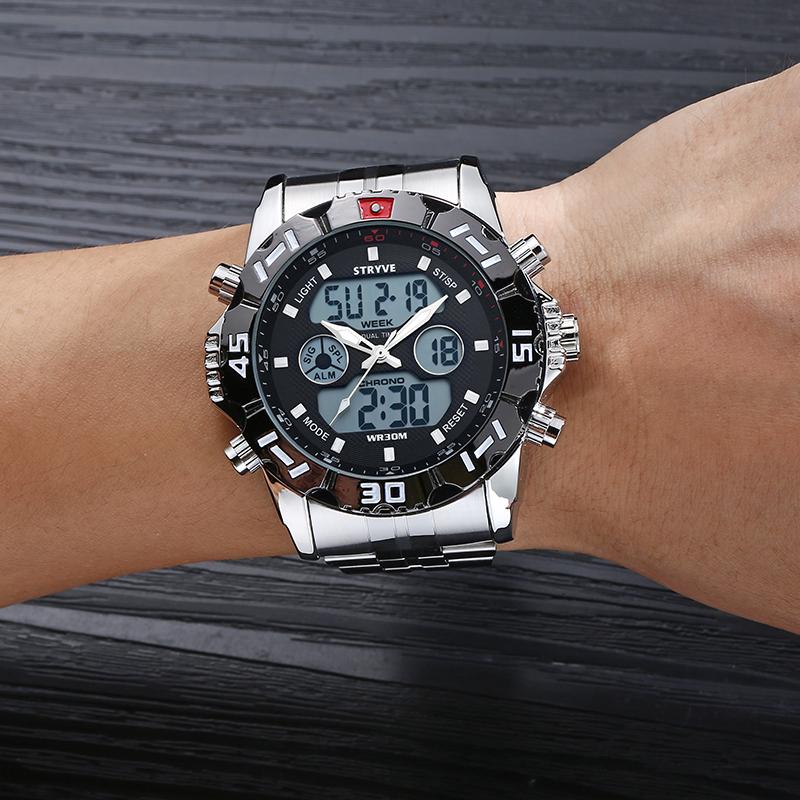 Stryve 8011 Brand Watches Men Quartz Led Male Sport Clock Stainless Steel Luxury Waterproof Digital Watch With Gift Box