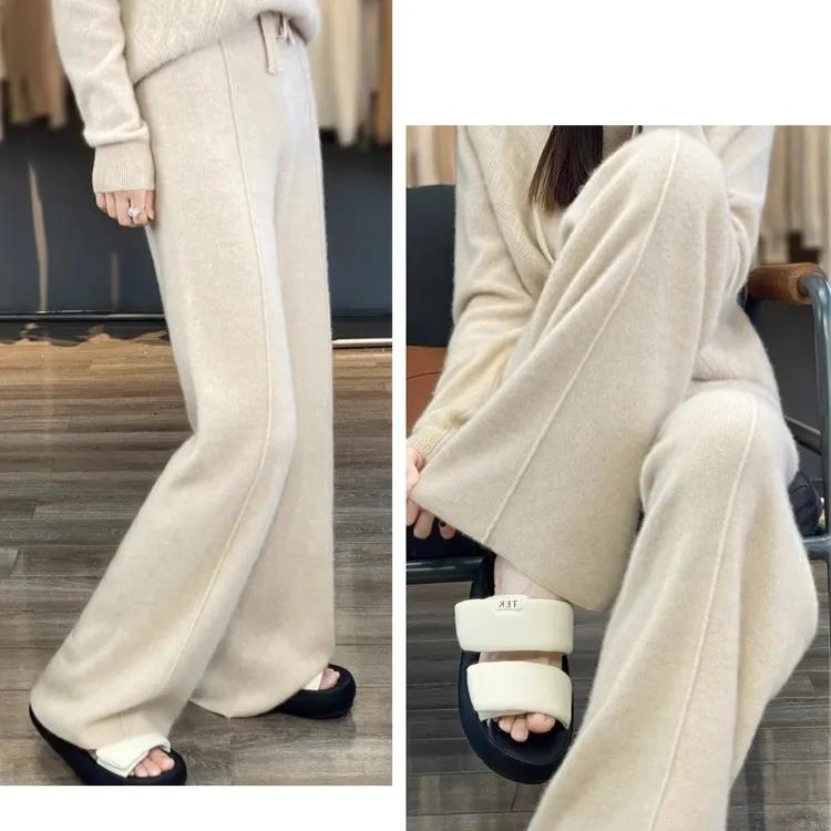 Pantalones holgados de lana con cintura alta y sensación de caída para mujer de otoño e invierno, pantalones casuales de pierna ancha para mujer, pantalones de lana de punto para pasar el rato