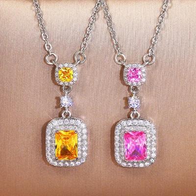 New Versatile Yellow Diamond Zircon Square Necklace Luxury Pink  Pendant  Female High Quality Jewelry